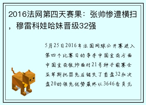 2016法网第四天赛果：张帅惨遭横扫，穆雷科娃哈妹晋级32强