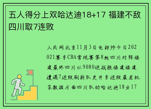 五人得分上双哈达迪18+17 福建不敌四川取7连败